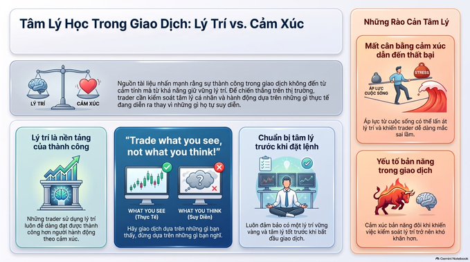 An infographic titled 'Tâm Lý Học Trong Giao Dịch: Lý Trí vs. Cảm Xúc' (Psychology in Trading: Logic vs. Emotion), explaining that traders often confuse logical analysis with emotional responses, featuring icons of a brain, heart, scales, and charts with the principle 'Trade what you see, not what you think!'.
