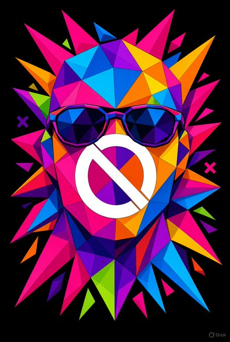 A stylized, colorful geometric illustration of a faceless figure wearing sunglasses, with a white prohibition symbol over the face, set against a black background with the Grok watermark.