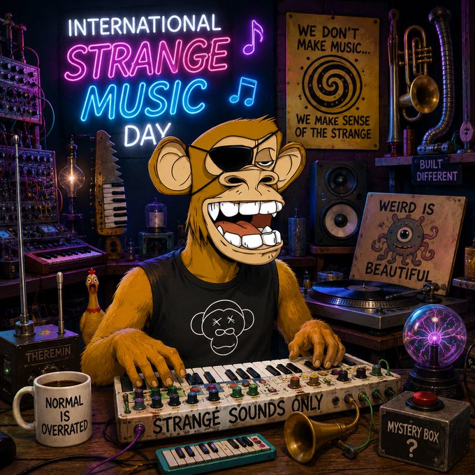 A cartoon illustration celebrating 'INTERNATIONAL STRANGE MUSIC DAY' featuring a monkey with an eyepatch playing a 'STRANGE SOUNDS ONLY' keyboard surrounded by eclectic musical equipment and signs reading 'WE DON'T MAKE MUSIC... WE MAKE SENSE OF THE STRANGE' and 'WEIRD IS BEAUTIFUL'.