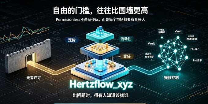 A Chinese promotional graphic titled '自由的门槛，往往比围墙更高' (The threshold of freedom is often higher than the wall) discussing Permissionless concepts, featuring a fortress wall labeled '无需许可' (permissionless) alongside illustrations of vaults, pricing, liquidity, and responsibility, branded 'Hertzflow_xyz'.