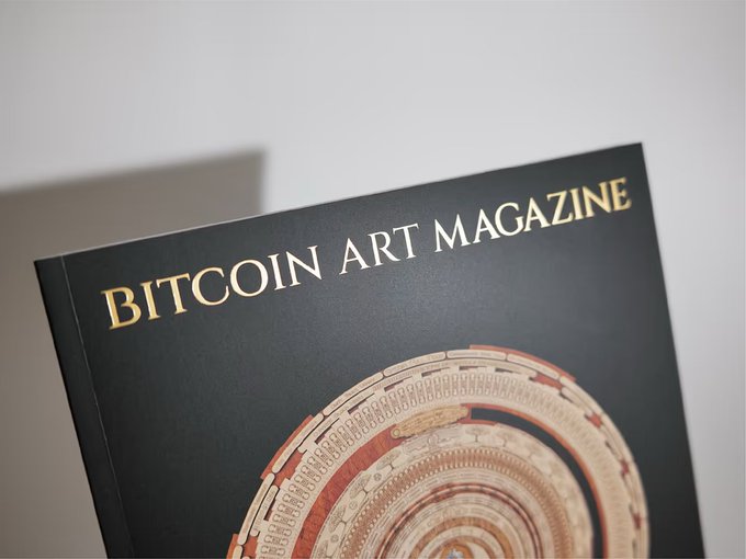 A close-up of a "BITCOIN ART MAGAZINE" cover featuring a circular artwork design, representing the publication now partnering with ORIGINSEOUL to distribute their Genesis edition to VIP pass holders.