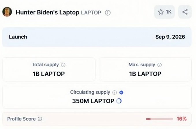 A cryptocurrency or token listing page shows 'Hunter Biden's Laptop LAPTOP' with a launch date of 'Sep 9, 2026', total and max supply of '1B LAPTOP', circulating supply of '350M LAPTOP', and a profile score of '16%'.