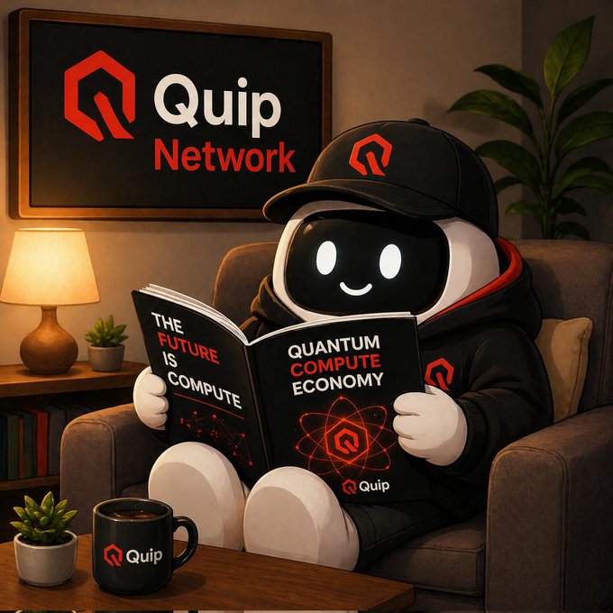 The image features a robot wearing a black jacket, sitting comfortably on a couch with its legs crossed while reading a book titled "Quantum Computer" from Quip Network. A cup of coffee is placed next to the robot, suggesting that they might be enjoying a relaxing moment together. The background includes a poster and a potted plant, adding to the cozy atmosphere of the scene.