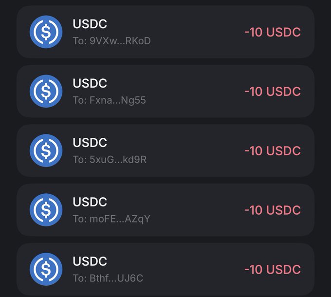 The image shows a list of five USDC transactions, each sending -10 USDC to different wallet addresses (9VXw...RKoD, Fxna...Ng55, 5xuG...kd9R, moFE...AZqY, and Bthf...UJ6C), which corresponds to the $50 giveaway announcement to five winners (@Lerexbt, @coldprince001, @ZILOSKKII, @granitexw, and @wazzyarc).