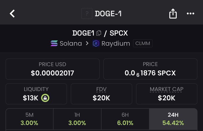 A screenshot of the DOGE-1/SPCX token page on Raydium (Solana), showing a price of $0.000002017 USD, $13K liquidity, $20K market cap, and a 24H increase of 54.42%. This visualizes the post's claim about the "$Doge -1" token being a potential frontrun opportunity.