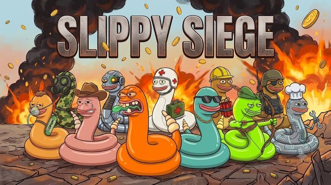 An illustrated game banner titled 'SLIPPY SIEGE' features a group of cartoon worms dressed in various costumes including military, medical, and chef attire, posed against a fiery, war-torn background.