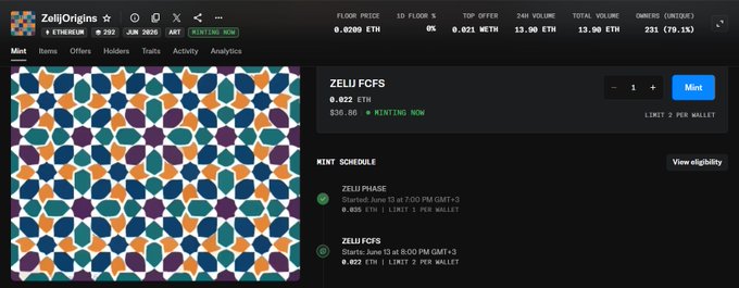 The image shows a screenshot of a website, possibly a stock trading platform or an online marketplace for art. The main focus of the image is a pattern with blue, orange, purple, green, and white colors displayed across the screen. The text on the screen reads "ZELIJ Phase : 0.35 - 0.36". This could be a description of the pattern or a feature related to the ZELIJ phase in the stock market.