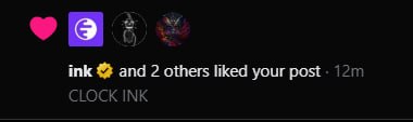 A social media notification shows 'ink and 2 others liked your post · 12m' with the text 'CLOCK INK' displayed below.