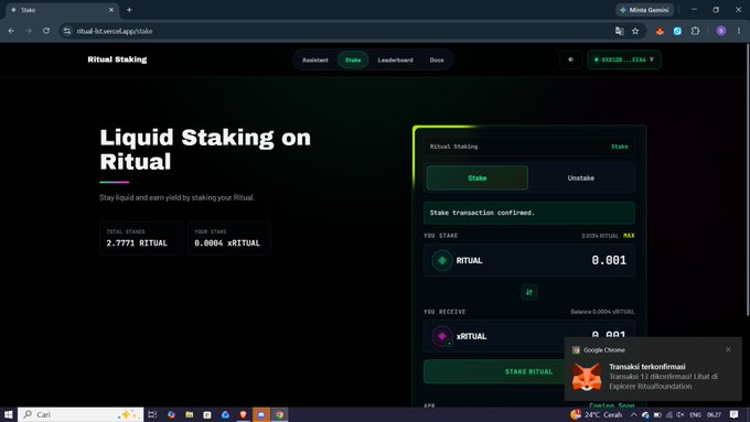 The image shows a computer screen displaying a website called "liquid-staking-on-ritual" with a green background, white text, and a purple header. The website appears to be related to cryptocurrency or blockchain technology, as indicated by the presence of the words "ritual", "faucet", and "mint". The image also contains some text that reads: "gRitual Ritual stake by @yourinuu u can stake ur ritual faucet if u want, and simple step by step bro,first go to this link ritual-lst.vercel.app/stake connect wallet and mint your sbt and done u can stake ur ritual faucet @ritualfnd @Jez_Cryptoz @joshsimenhoff". The image is related to the post because it contains information about how to stake a cryptocurrency or blockchain, which is what the website in the image appears to be promoting.