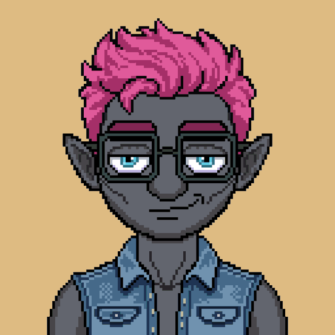 A pixel art portrait of a fantasy character with dark gray skin, pointed elf-like ears, pink hair, and black-rimmed glasses, wearing a denim vest over a black shirt against a mustard yellow background.