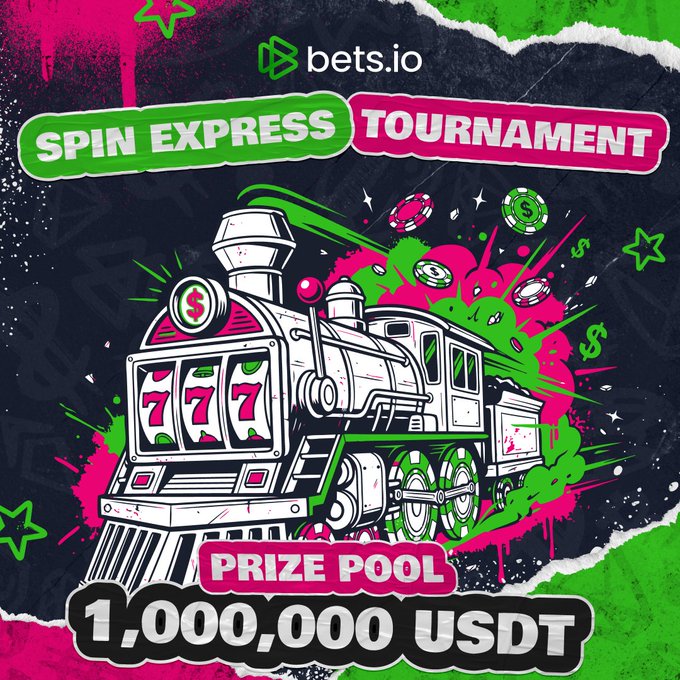 A promotional graphic for a 'bets.io' 'SPIN EXPRESS TOURNAMENT' featuring an illustrated slot machine train with a prize pool of '1,000,000 USDT'.