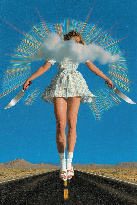 A surreal collage showing a woman in a blue dress holding two knives, with her head obscured by a cloud and a colorful radial burst behind her, standing on a road in a desert landscape.