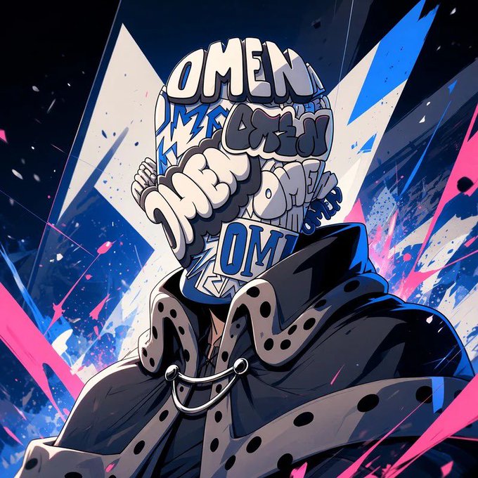 An anime-style character wears a mask covered in graffiti-style lettering that reads 'OMEN' multiple times, set against a background of bold blue and pink X-shapes.
