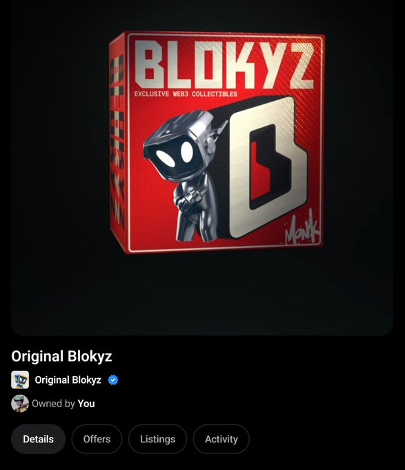 A screenshot of an OpenSea NFT listing for 'Original Blokyz,' a digital collectible featuring a boxy character design on a red background.