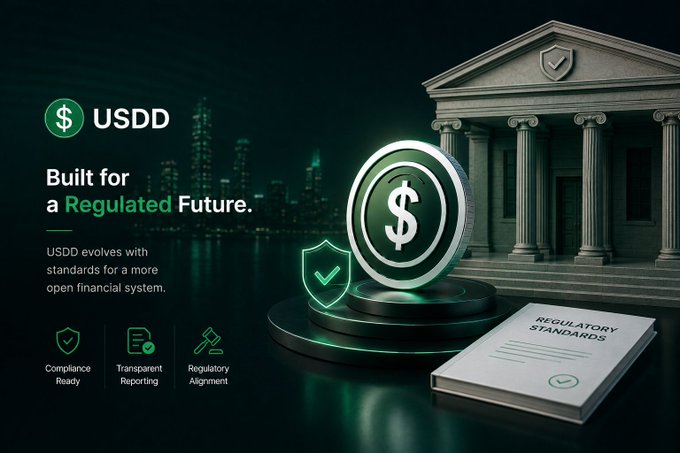 A promotional banner for USDD stablecoin with the text 'Built for a Regulated Future' and 'USDD evolves with standards for a more open financial system,' featuring a large coin graphic, a classical building, and icons for Compliance Ready, Transparent Reporting, and Regulatory Alignment.