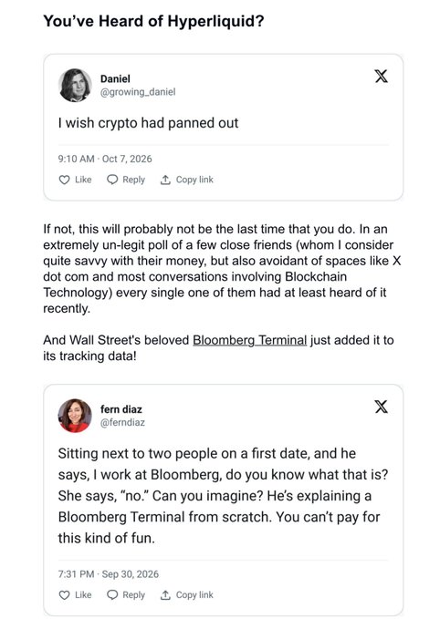 A social media post titled 'You've Heard of Hyperliquid?' featuring tweets from @growing_daniel and @ferndiaz discussing crypto and Bloomberg Terminal, dated October and September 2026.