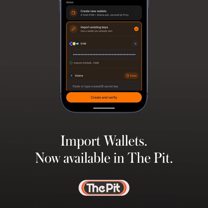 A mobile app screenshot for 'The Pit' wallet showing an interface for importing EVM and Solana keys, with the tagline 'Import Wallets. Now available in The Pit.'