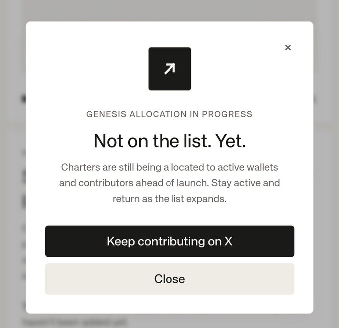 A modal pop-up with a black arrow icon stating 'GENESIS ALLOCATION IN PROGRESS - Not on the list. Yet.' explaining that charters are being allocated to active wallets ahead of launch.