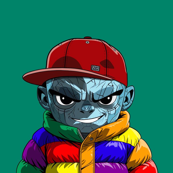 A cartoon illustration of a character with cracked, stone-like blue skin wearing a red baseball cap and a colorful puffer jacket, set against a teal background.