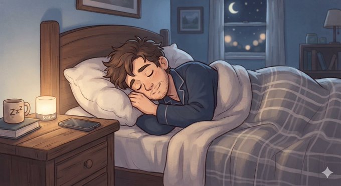 An illustrated scene shows a young man peacefully sleeping in bed at night, with a candle, phone, and books on the nightstand beside him.