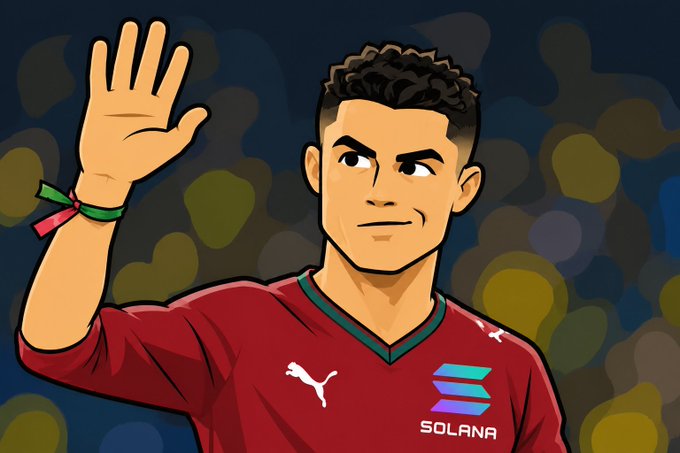 A cartoon-style illustration of Cristiano Ronaldo waving, wearing a Portugal-style jersey with a Solana (SOL) logo.