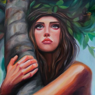 A painted portrait of a young woman with brown hair and green eyes, embracing a tree trunk with green foliage.