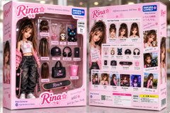 A pink-packaged 'Rina' fashion doll set from Moji that includes the doll, various outfits, accessories, and a guitar.