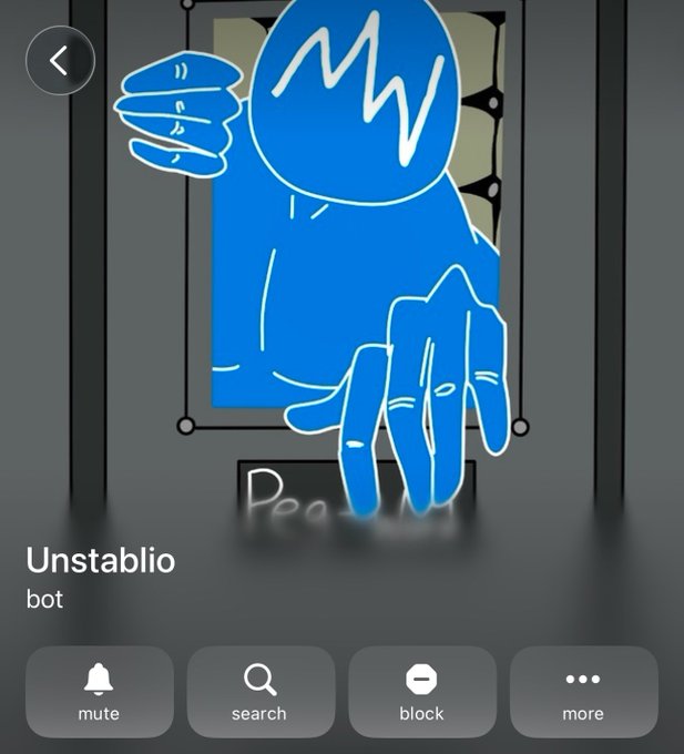 A blue cartoon character with a squiggly face design and outstretched hand appears as a bot named "Unstablio" in a chat interface with mute, search, block, and more options.