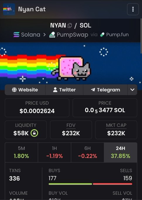 A cryptocurrency trading page for "Nyan Cat" token (NYAN/SOL) on Solana via PumpSwap, showing a price of $0.0002624, a market cap of $232K, and 24H change of 37.85%.