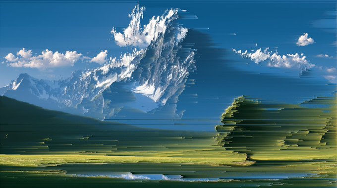A heavily glitched/distorted landscape photograph showing a snow-capped mountain and clouds with horizontal pixelation artifacts distorting the scene.