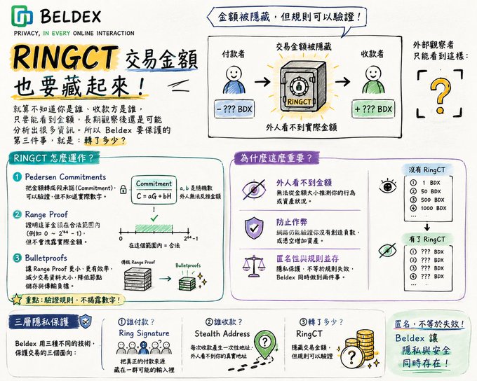 An infographic from Beldex explaining 'RingCT' transaction privacy, featuring diagrams of Pedersen Commitments, Range Proof, and Bulletproofs to hide transaction amounts.