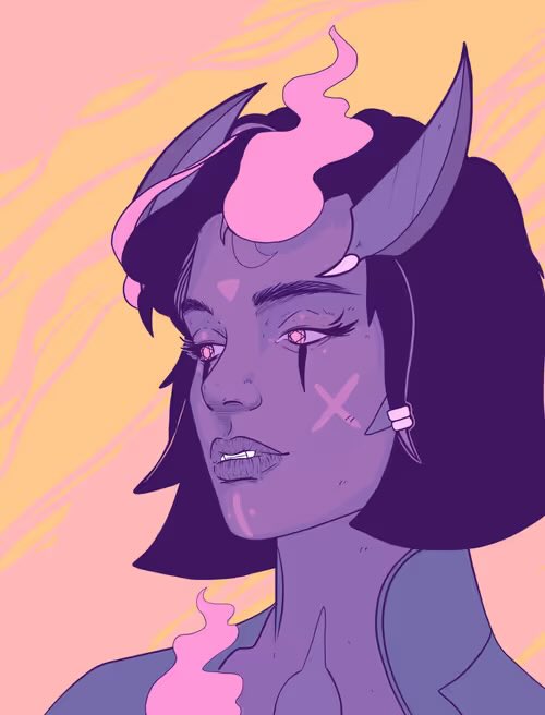 Digital illustration of a purple-skinned character with horns, pink flame-like hair, and an X-shaped scar, rendered in an anime-style against a pink and yellow background.