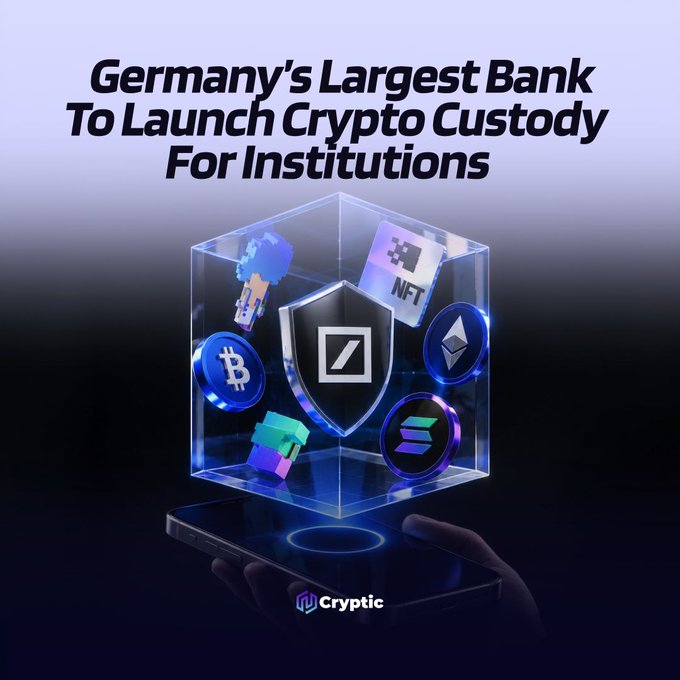 An image showing a holographic display emerging from a smartphone, featuring cryptocurrency symbols including Bitcoin (₿), Ethereum (Ξ), Solana (◎), NFT, and other crypto icons enclosed within a protective shield design. The headline reads "Germany's Largest Bank To Launch Crypto Custody For Institutions," with the post indicating that DeutscheBank will offer crypto custody services for institutional clients in Europe, initially supporting BTC, ETH, USDC, EURC, and EURAU pending regulatory approval.