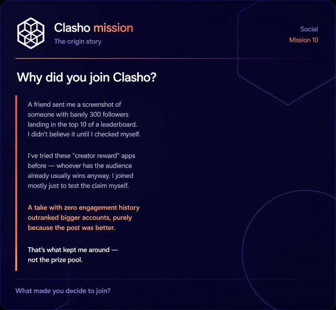 A "Clasho mission" page titled "The origin story" describing why someone joined Clasho because a small account with 300 followers outranked bigger accounts due to better post quality, not engagement history.