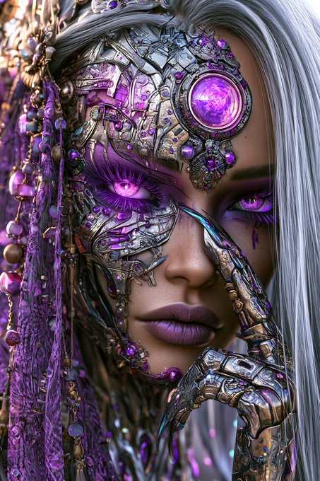 A detailed digital artwork depicts a figure with silver hair, glowing purple eyes, and elaborate metallic cybernetic features including a large purple gemstone on the forehead and intricate mechanical hand details.