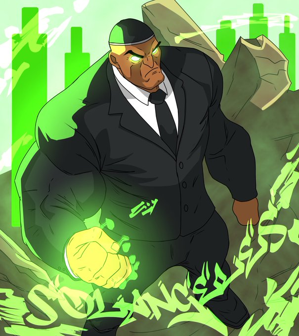 A muscular bald man in a black suit and green headband stands powerfully with a glowing green fist raised, surrounded by green flames and the word "SOLANCE" (likely meant to be "SOLANA") stylized across the bottom, visually representing the "SOLANA POWER" theme with energy and strength.