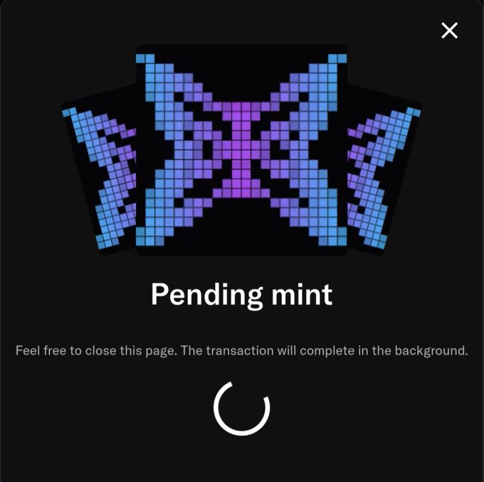 A dark screen showing a pixelated NFT-style image with blue and purple tones, displaying 'Pending mint' text and a loading spinner, with instructions to close the page as the transaction completes in the background.