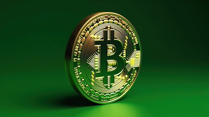A 3D-rendered golden Bitcoin coin with the iconic 'B' symbol, set against a green background.