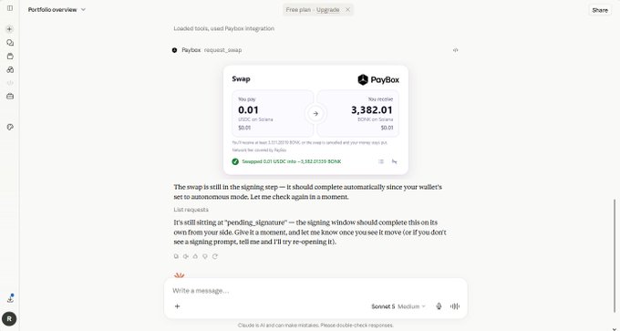 A "Portfolio overview" interface displays a Paybox swap exchange of 0.01 USDC (~$0.01) for 3,382.01 BONK (~$0.01) on Solana. The assistant responds that the swap is stalled in signing, advising to check for a pending signature prompt or retry. It ties directly to the post's narrative of casually purchasing $BONK through an AI chat interface powered by MoonPay's integration.