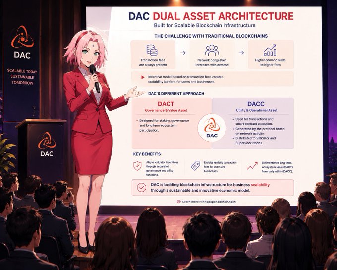 An anime-style illustration depicts a pink-haired presenter introducing 'DAC DUAL ASSET ARCHITECTURE' at a conference, explaining blockchain infrastructure challenges and the DACT/DACC approach with key benefits.