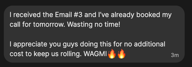 A customer message expressing enthusiasm after receiving "Email #3," stating they booked a call for the next day and appreciating the no-additional-cost support, accompanied by fire emojis and the crypto slang "WAGMI" (We're All Gonna Make It). The testimonial reinforces the post's message about providing immediate, ongoing support to Bitcoin clients rather than leaving them to manage hardware-generated seed phrases alone.