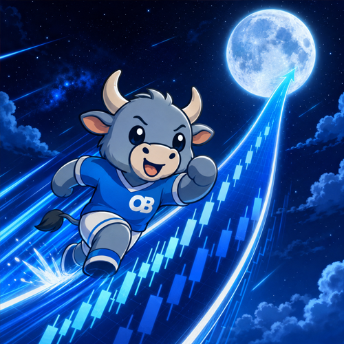 A cartoon bull mascot in a blue jersey rides a glowing blue rocket shaped like a stock chart toward the moon in a night sky.