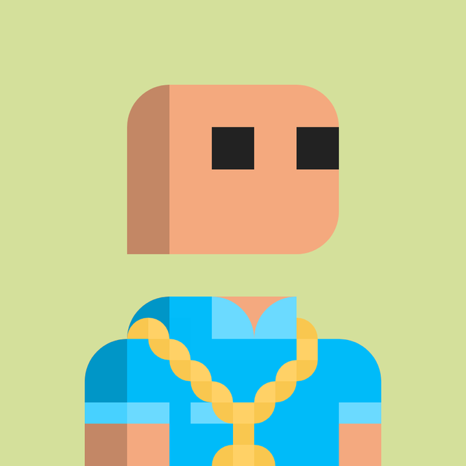 A pixel art illustration of a character with a featureless peach face, black square eyes, and a blue outfit with a gold chain against a pale yellow background.