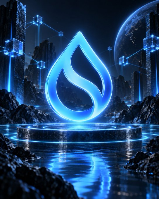 A digital artwork features the glowing blue Sui logo on a pedestal, set in a futuristic landscape with cube structures and a planet.
