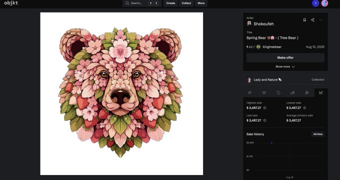 An NFT marketplace screenshot showing an artwork titled 'Spring Bear (Tree Bear)' by Shokoufeh, featuring a bear's face composed of pink flowers and strawberries.