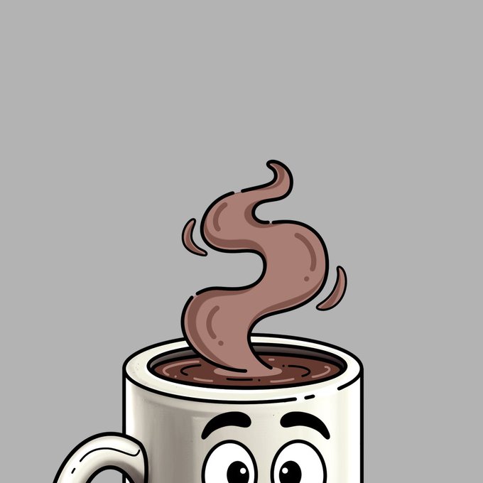 A cartoon illustration of an anthropomorphic coffee mug with expressive eyes, with brown liquid steam rising from it in an S-shape against a gray background.