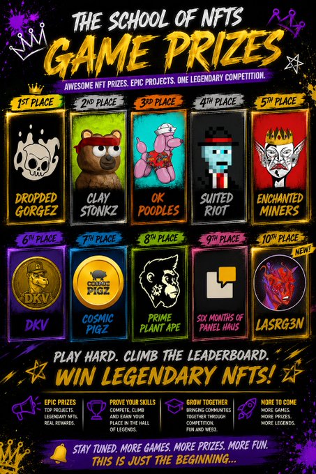 A promotional graphic titled 'THE SCHOOL OF NFTS GAME PRIZES' displaying 10 NFT prizes including 'DROPPED GORGEZ', 'CLAY STONKZ', 'OK POODLES', 'SUITED RIOT', 'ENCHANTED MINERS', 'DKV', 'COSMIC PIGZ', 'PRIME PLANT APE', 'SIX MONTHS OF PANEL HUUS', and 'LASRG3N'.