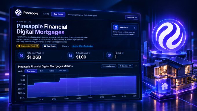 A dashboard displays the "Pineapple Financial Digital Mortgages" tokenization page on Injective, showing a Total Asset Value of $1.06B and 1 holder, alongside a glowing 3D house graphic. The visualization illustrates the post's claim that over $1 billion in real estate mortgages have been tokenized on Injective via @rwa_xyz, highlighting its growing role in real-world asset (RWA) tokenization.