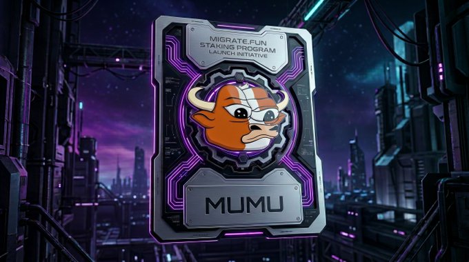 A digital illustration of a 'MIGRATE.FUN STAKING PROGRAM LAUNCH INITIATIVE' card featuring a bull-headed character in a futuristic purple cyberpunk cityscape.