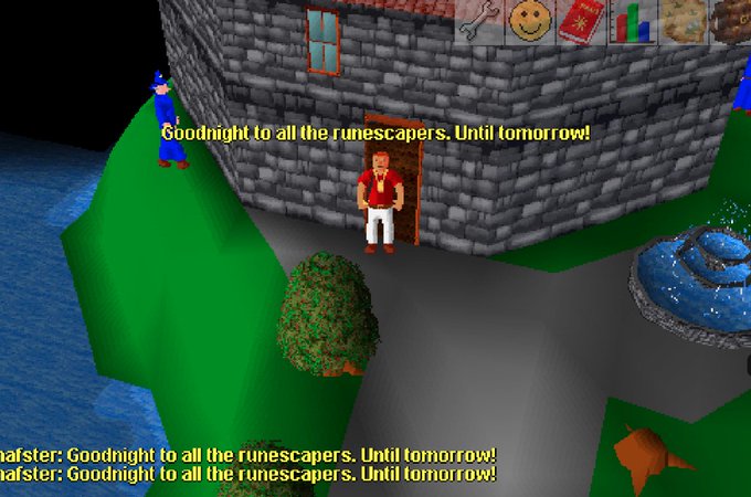 A screenshot from the MMORPG RuneScape showing a player character standing by a building door, saying 'Goodnight to all the runescapers. Until tomorrow!' in yellow chat text.